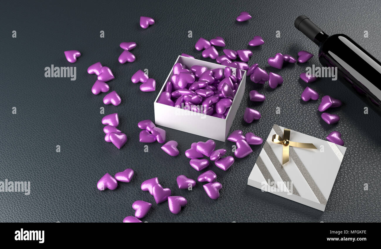3D Rendering Of Red Wine Bottle With Opened Gift Box Full Of Purple Hearts On Leather Surface St.Valentine`s Day Stock Photo